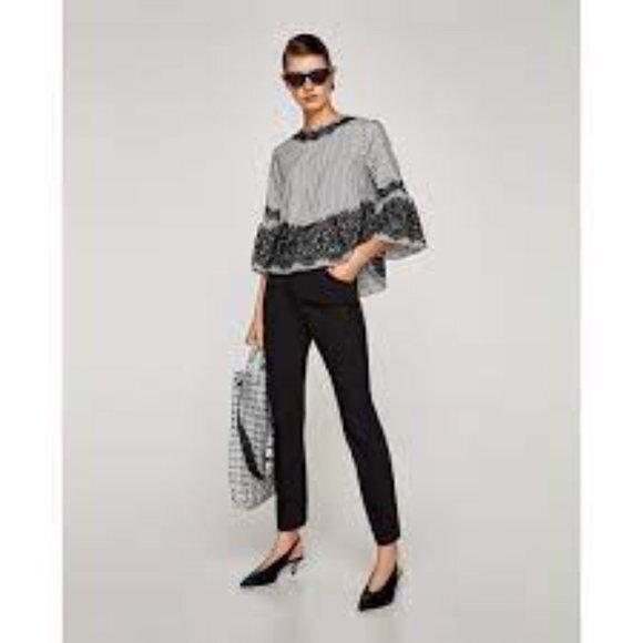 Zara Striped Bell Sleeve Top with Lace Detailing Womens Size S Blouse Crewneck - Picture 4 of 11